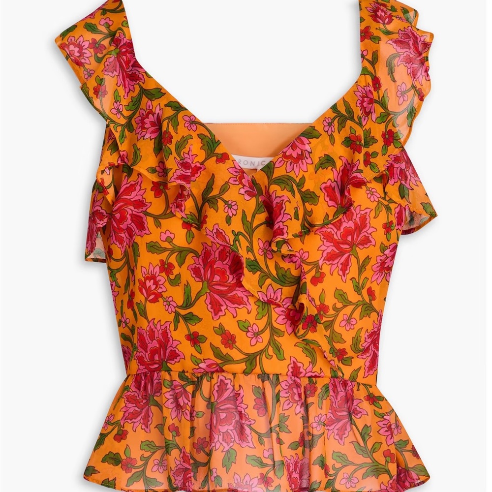 VERONICA BEARD Randa ruffled floral-print silk-crepe top Blouse Top Size 4